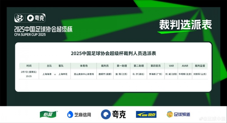  超級杯海港vs申花裁判員名單：主裁判唐順齊，VAR劉威