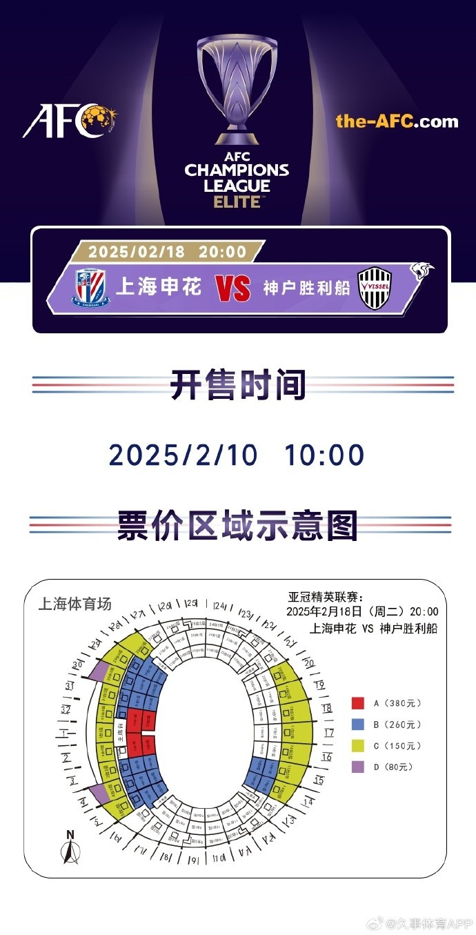  上海申花vs神戶勝利船票務方案：明日開售，票價區間80元-380元