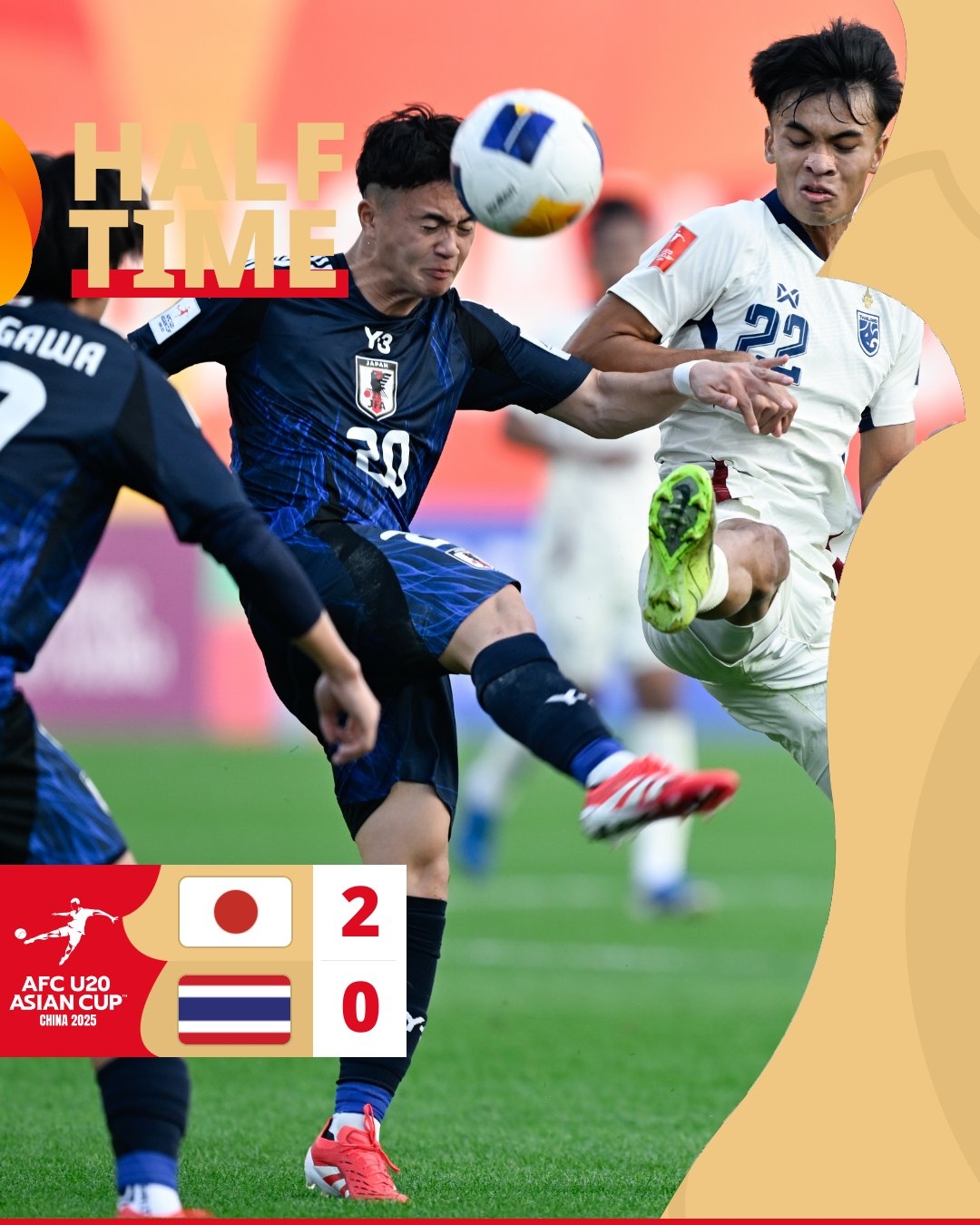  半場-日本U20 2-0領先泰國U20，石井久繼破門+中柱 泰國0射正