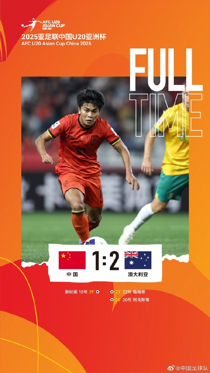  U20亞洲杯小組賽A組第三輪，中國隊1比2負于澳大利亞隊