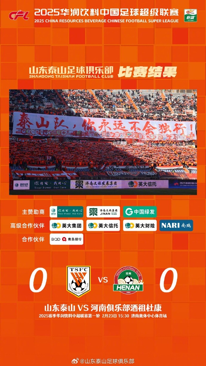  中超首戰，泰山隊雖未取勝，但全隊展現出了頑強的拼搏精神