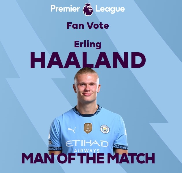  打進致勝球！英超官方：哈蘭德當選曼城1-0熱刺全場最佳球員