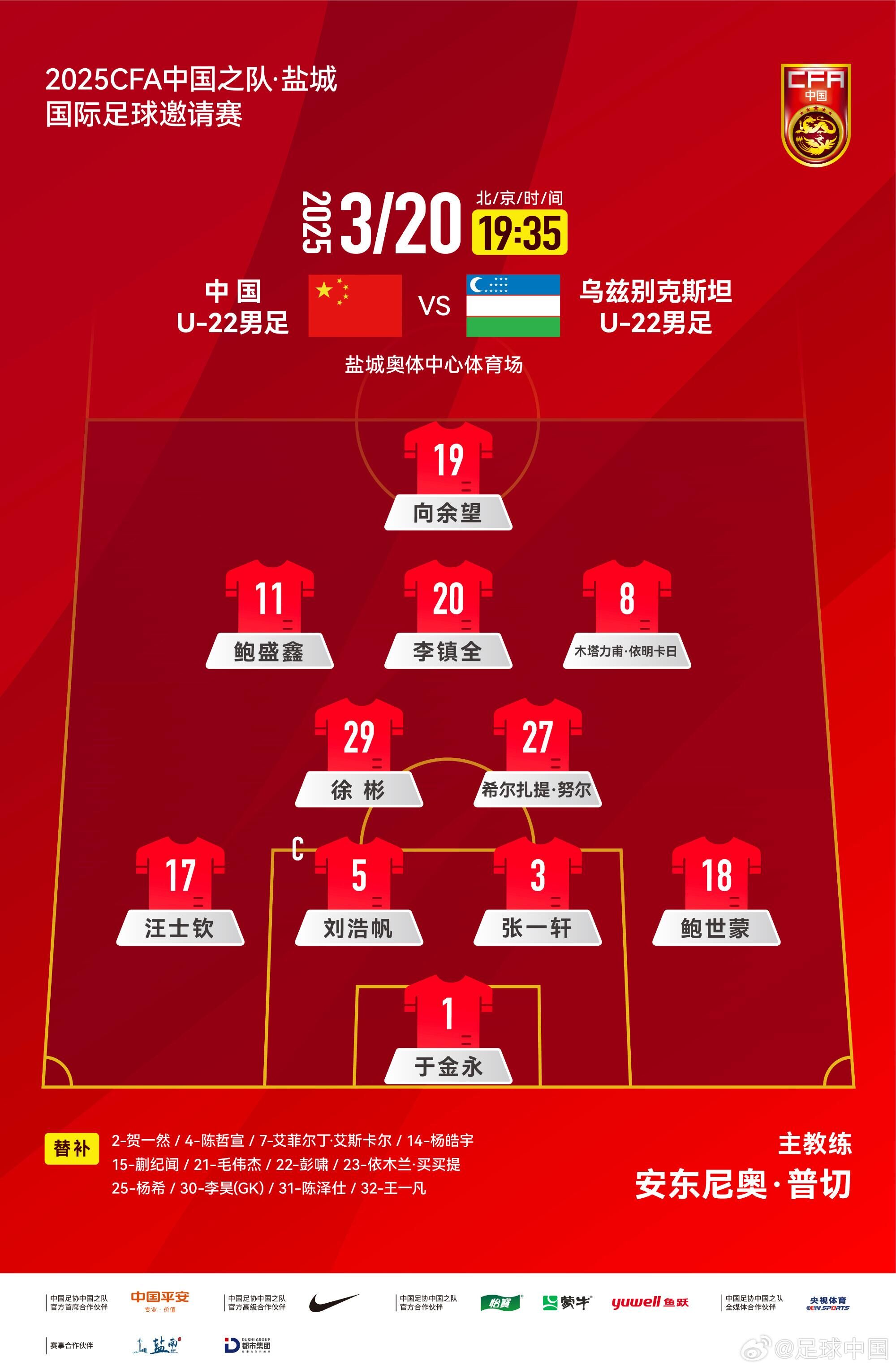  中國U-22男足VS烏茲別克斯坦U-22男足，中國隊首發名單出爐