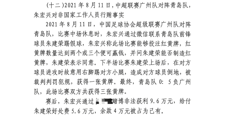  網傳判決書：青島球員朱建榮故意踢對方小腿，染黃收5.6萬好處費